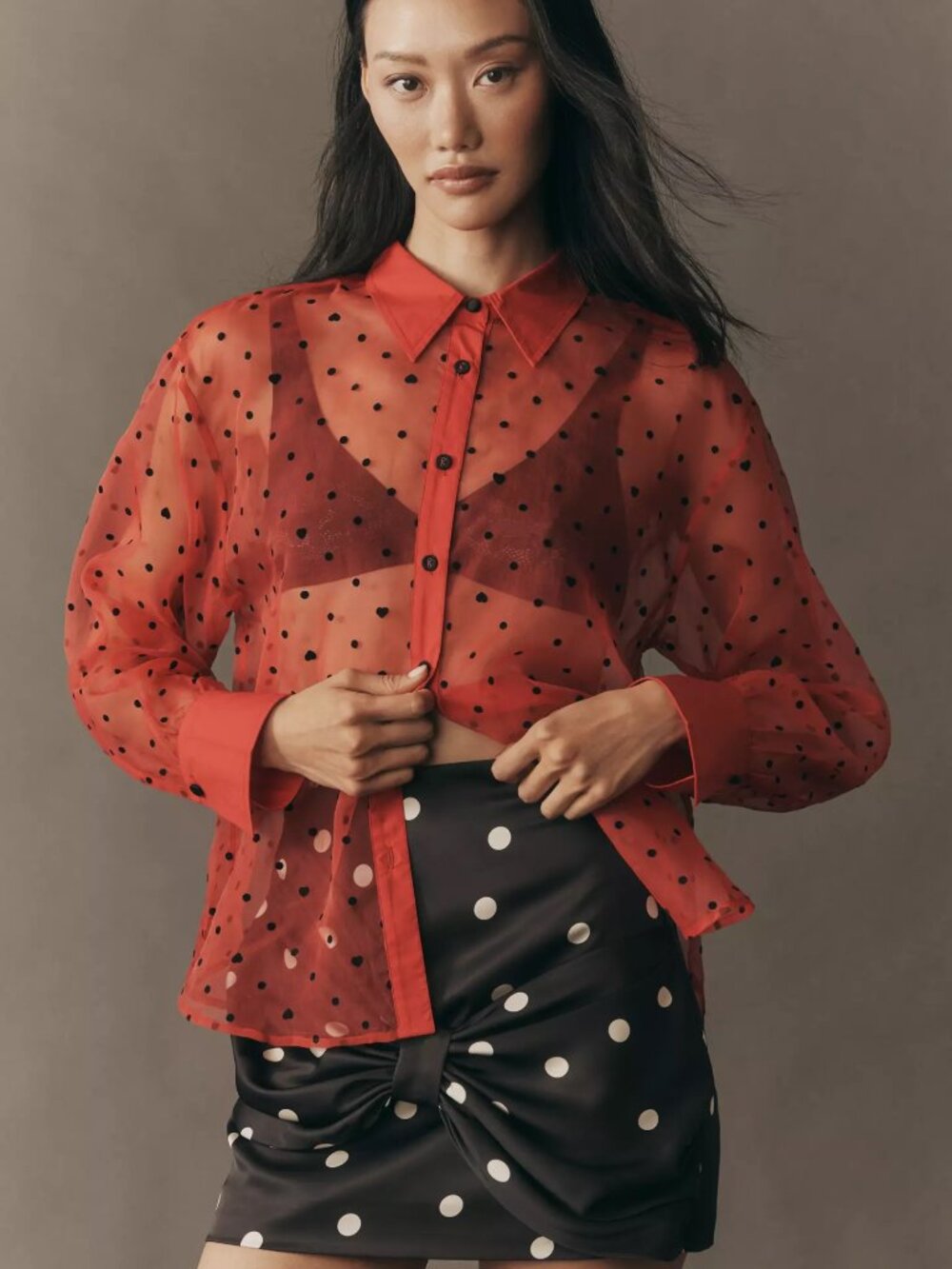 Anthropologie Maeve Sheer Organza Long-Sleeve Buttondown Shirt XL new red